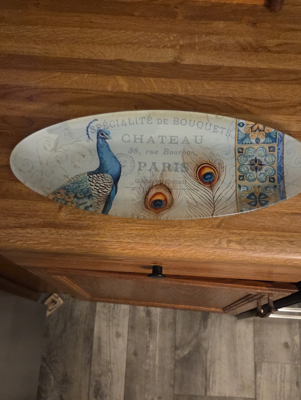 Peacock Feather Oval Dish Accent - Blue and Cream 16 In X 6 Long